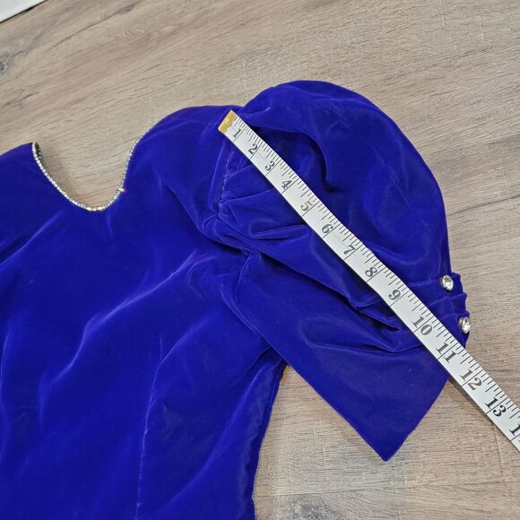 VTG 80s 90s Velvet Puff Sleeve Cocktail Dress Rhinestones Open Back Purple Retro - Picture 11 of 16